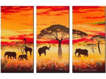 アフリカの日没の木の下にある象 Oil Paintings